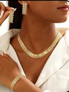 Chunky 14K Gold Plated Cuban Link Jewelry Set Necklace Earrings Bracelet